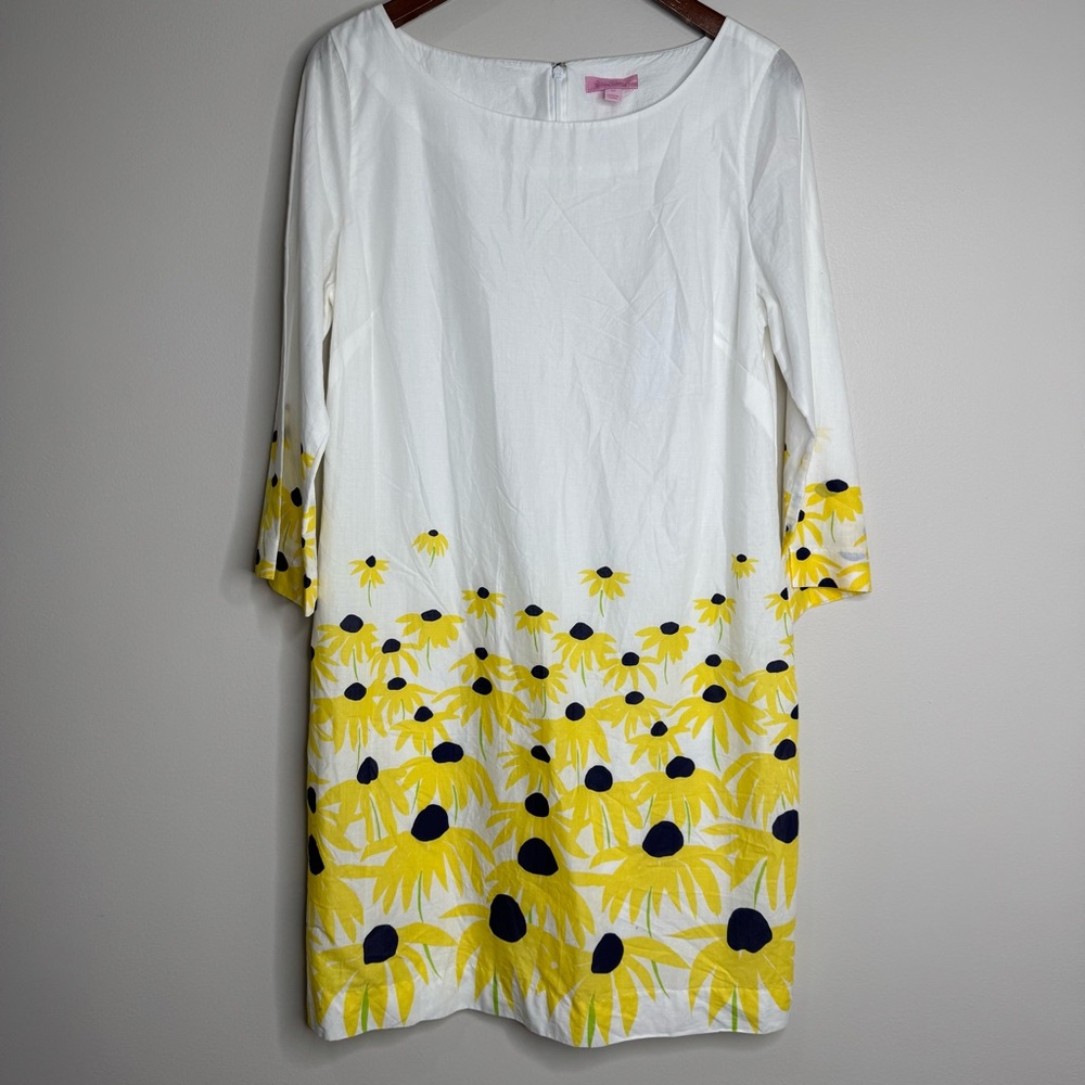 Lilly Pulitzer White Cotton Floral Print 3/4 Sleeve Knee Length Spring Dress 12